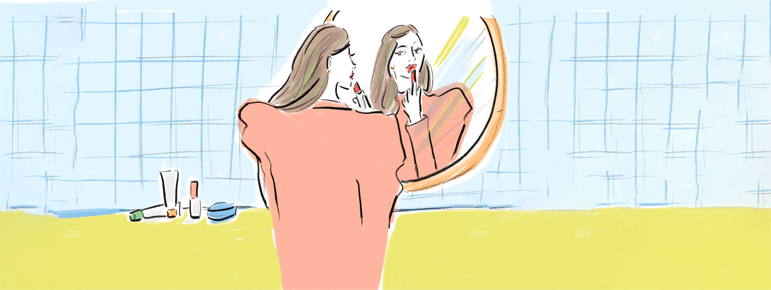 イラスト：鏡の前でメイクをしている女性
