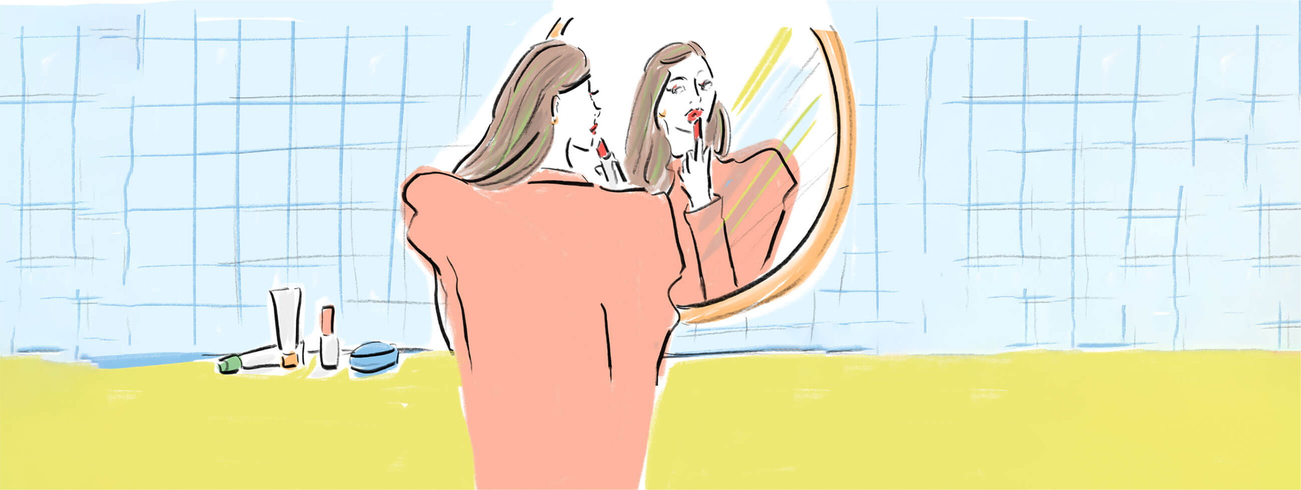 イラスト:鏡の前でメイクをしている女性