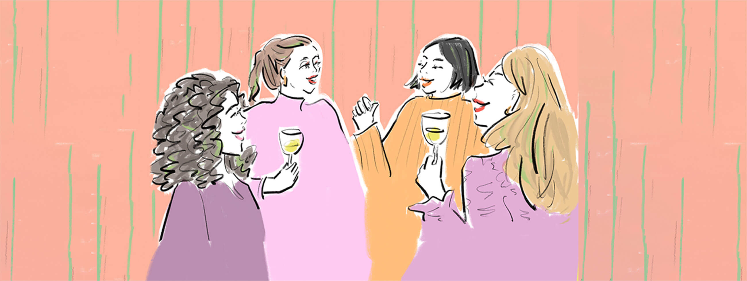 イラスト：グラスを持って話しをしている女性達