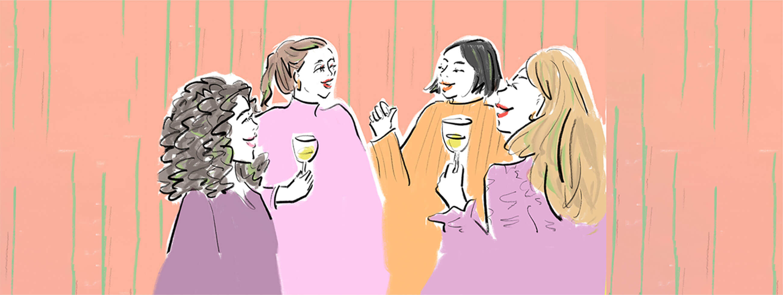 イラスト:グラスを持って話しをしている女性達