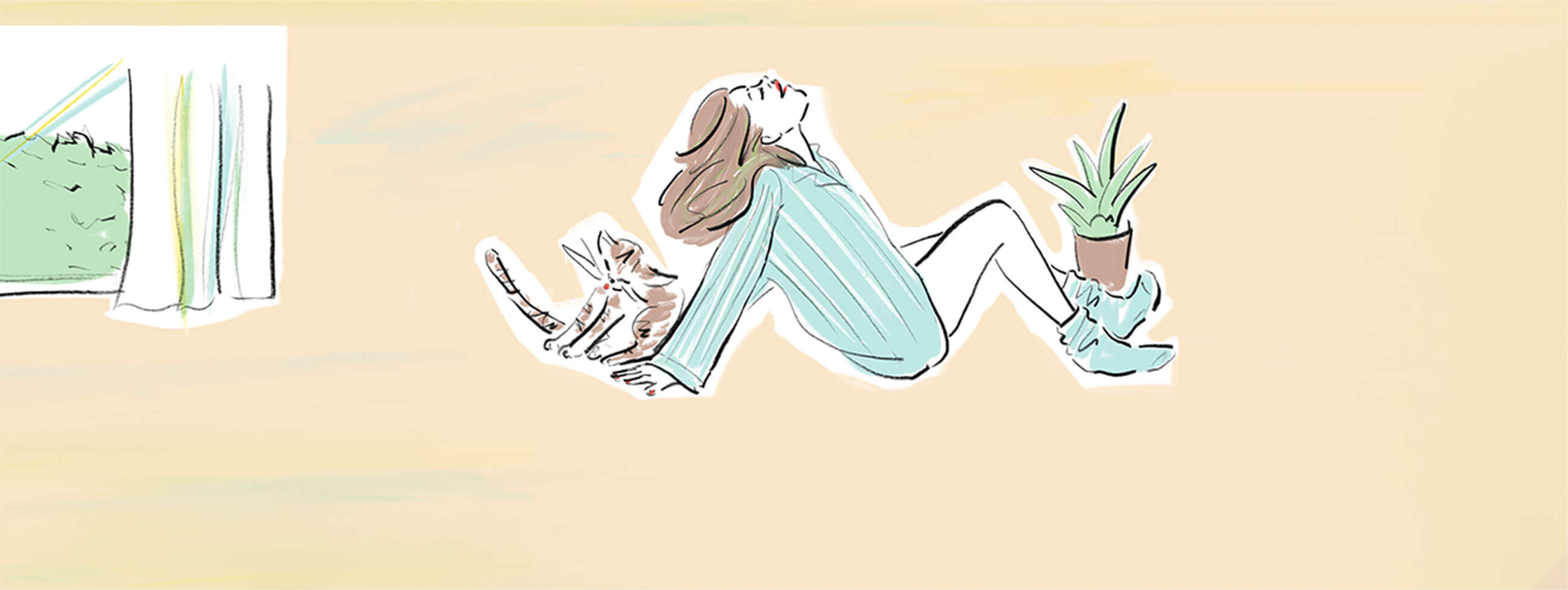イラスト：猫の隣でリラックスしている女性