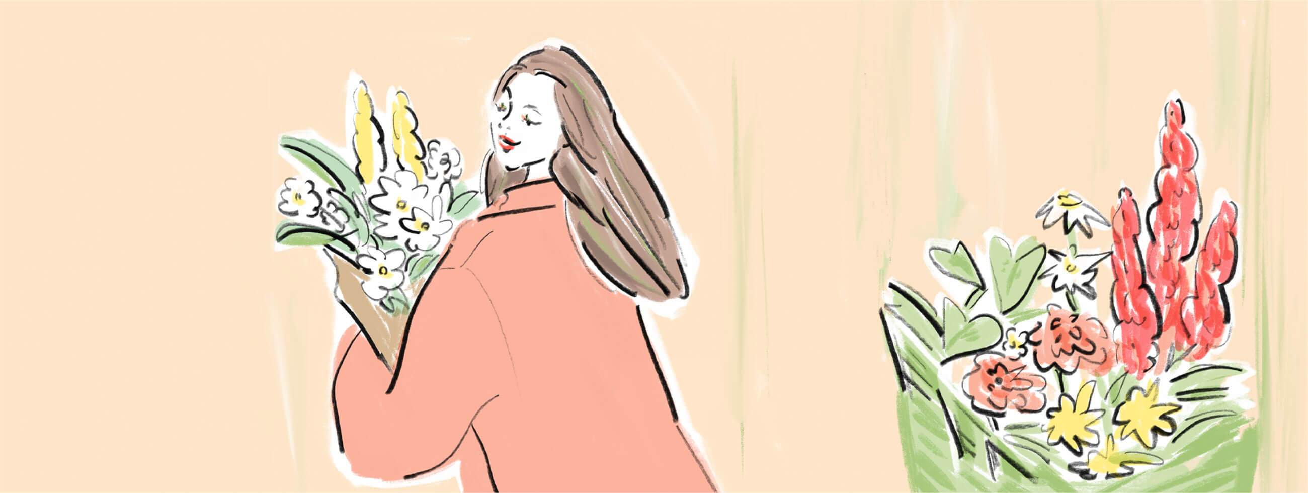 イラスト:お花を持っている女性
