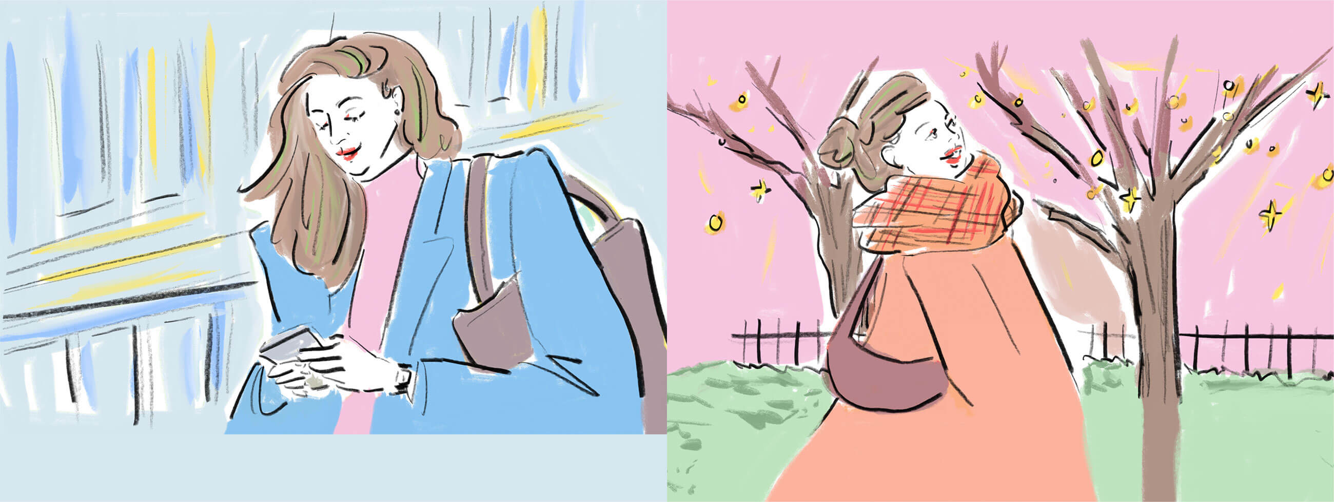 イラスト：携帯を見ている女性と木を見ている女性